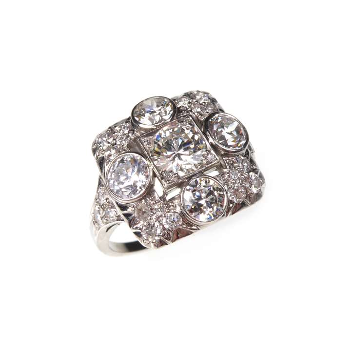 Art Deco diamond panel cluster ring of square outline